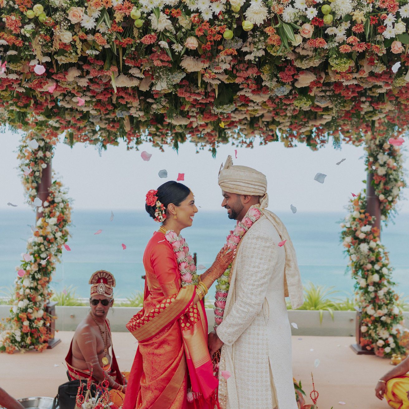 This bride opted for a classic Kanjeevaram sari for her coastal wedding in Sri Lanka