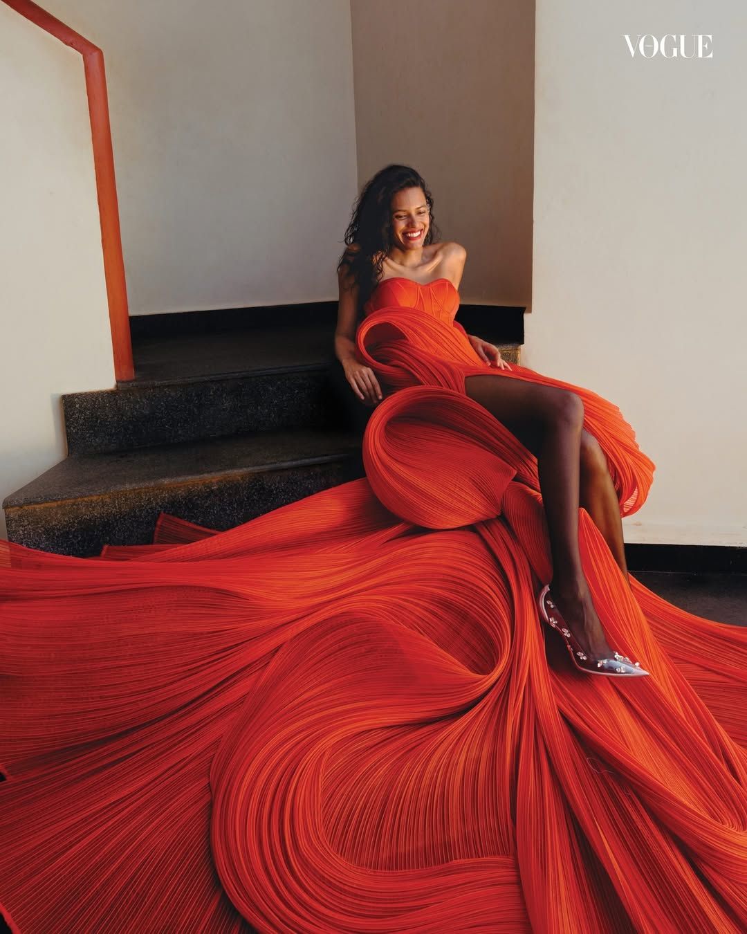 Image may contain Lakshmi Menon Clothing Dress Formal Wear Evening Dress Adult Person Fashion Gown and Footwear