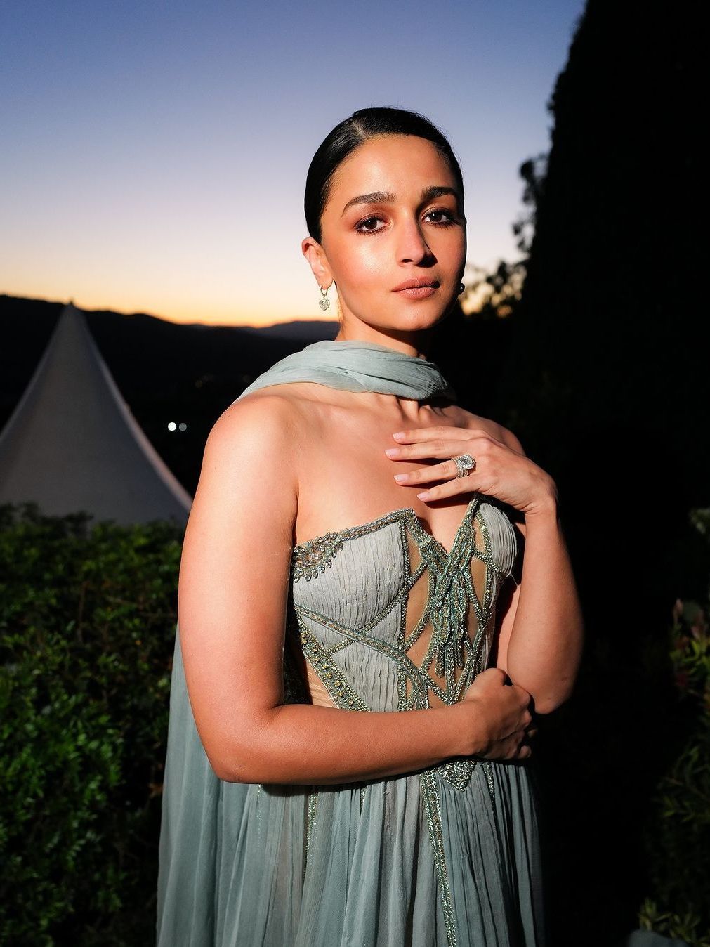 Image may contain Alia Bhatt Clothing Dress Photography Face Head Person Portrait Formal Wear and Evening Dress