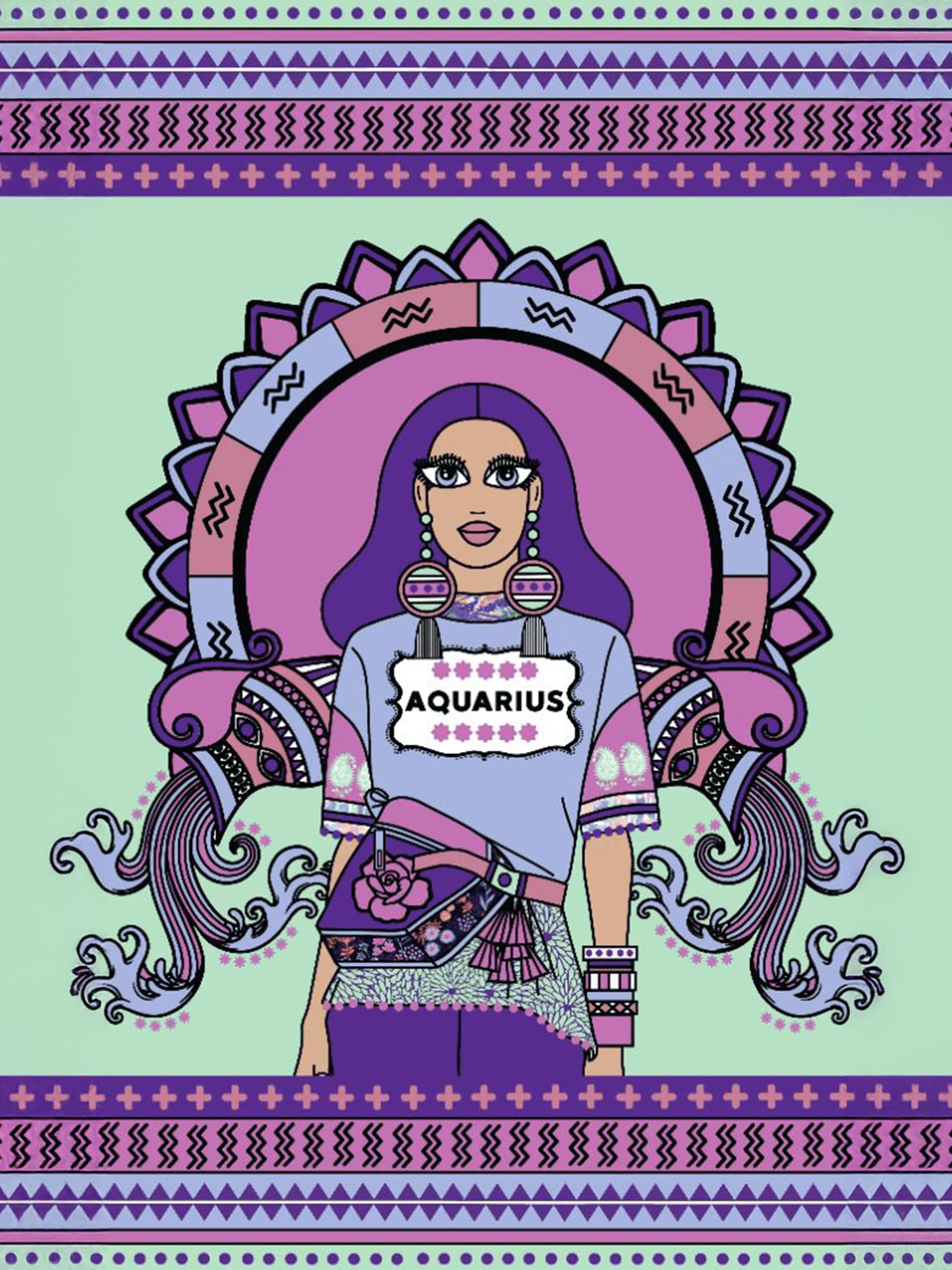 Image may contain Purple Book Comics Publication Person Art Doodle Drawing Pattern Face Head and Graphics Aquarius horoscope